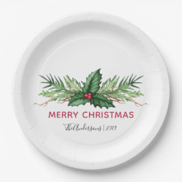 レッドホリー葉ズブーケクリスマスホリデー ペーパープレート