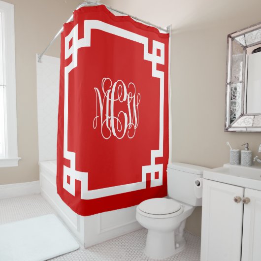レッドホワイトつる植物モノグラムDIY BG & Greek鍵フレーム シャワーカーテン (インサイチュ)