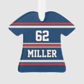 レッドホワイトとブルーのスポーツジャージーの名前と番号 オーナメント (裏面)