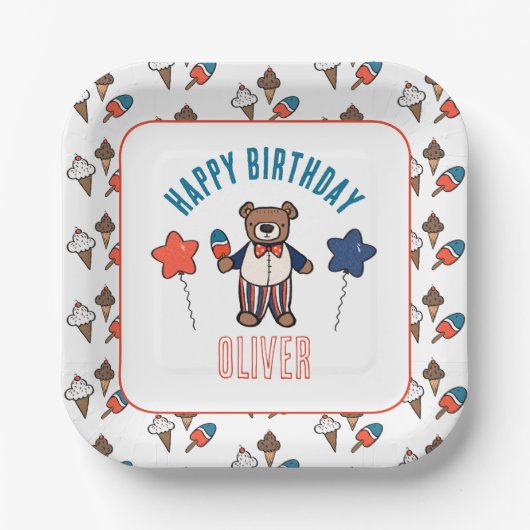 レッドホワイトとブルーアイスクリームパーティー誕生日 ペーパープレート (正面)