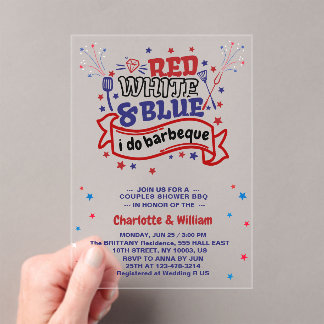 レッドホワイトとブルー私はBBQカップルブライダルシャワー アクリル招待状