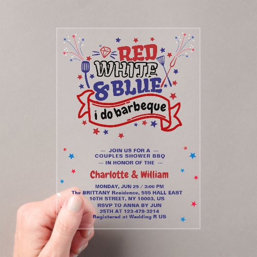 レッドホワイトとブルー私はBBQカップルブライダルシャワー アクリル招待状 (インサイチュ (ポータブル))