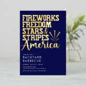 レッドホワイトとブルーBBQパーティの招待状 箔招待状 (立ち正面)