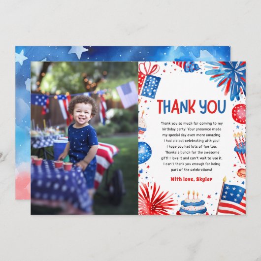 レッドホワイトと7月4日の夏誕生日 サンキューカード (正面/裏面)
