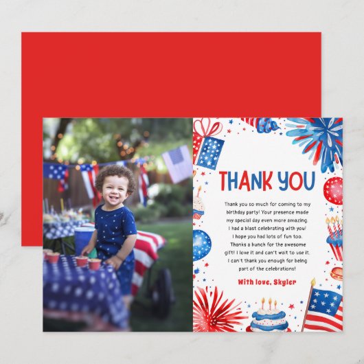 レッドホワイトと7月4日誕生日ありがとう 招待状 (正面/裏面)