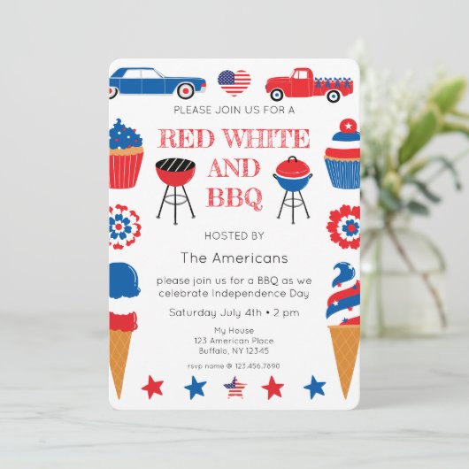 レッドホワイトとBBQ 7月4日招待状 招待状 (スタンド正面)