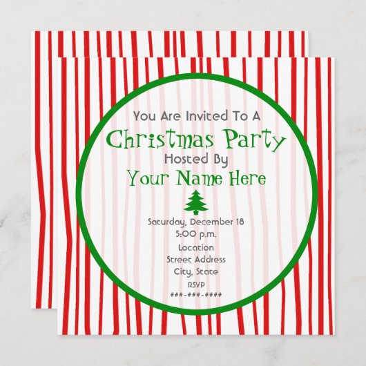 レッドホワイトアンドグリーンクリスマスパーティの招待状 招待状 (正面/裏面)