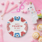 レッドホワイトアンドブルー花模様ハッピー7月4日 ペーパープレート (パーティー)