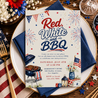 レッドホワイトアンドBBQ 7月4日 アメリカ独立記念日 バーベキュー パーティー 招待状