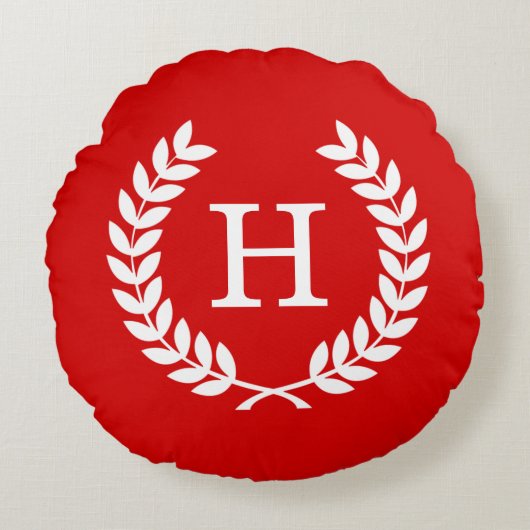 レッドホワイトウィートローレルリースイニシャルモノグラム ラウンドクッション (正面)
