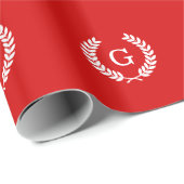 レッドホワイトウィートローレルリースイニシャルモノグラム ラッピングペーパー (ロールコーナー)