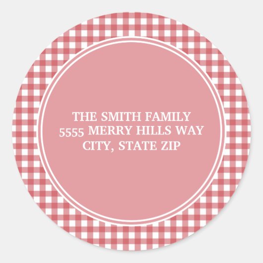 レッドホワイトギンガムピンク差出人住所 ラウンドシール (正面)