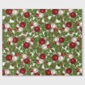レッドホワイトクリスマスオーナメントクリスマスホリー ラッピングペーパー (フラット)