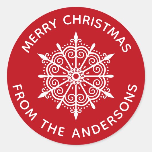 レッドホワイトクリスマススノーフレーク封筒用シール ラウンドシール (正面)