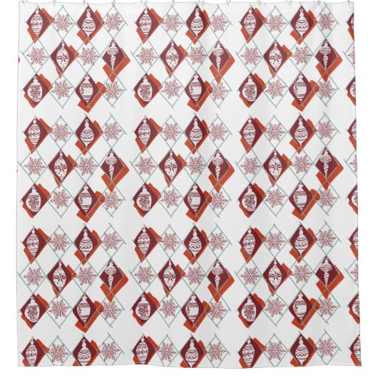 レッドホワイトクリスマスホリデースノーフレークスパターン シャワーカーテン (正面)