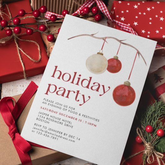 レッドホワイトクリスマスボールホリデーパーティー 招待状