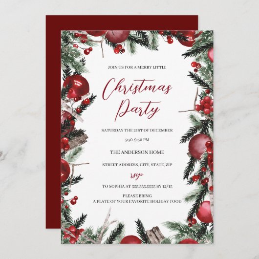 レッドホワイトクリスマスリースフェスティバルフローラパーティー 招待状 (正面/裏面)