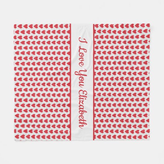 レッドホワイトグリッターハートパーソナライズされたバレンタインデー フリースブランケット (正面(横))