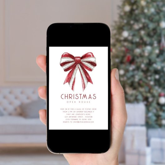 レッドホワイトグリッターボウオープンハウスクリスマス 招待状