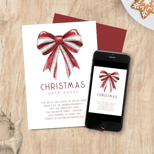 レッドホワイトグリッターボウオープンハウスクリスマス 招待状