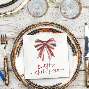 レッドホワイトグリッターボウメリークリスマス スタンダードカクテルナプキン