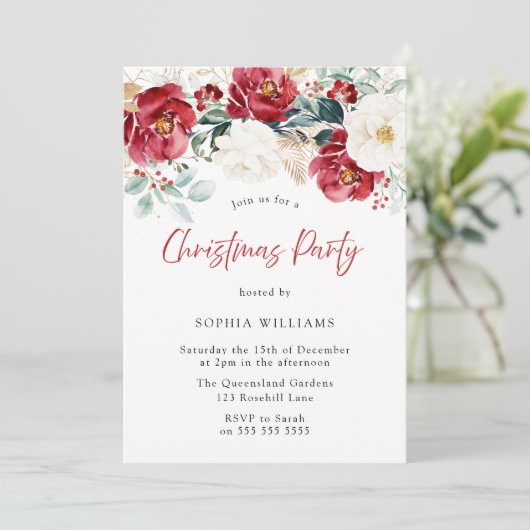 レッドホワイトグリーンフローラファミリークリスマスパーティー 招待状 (スタンド正面)