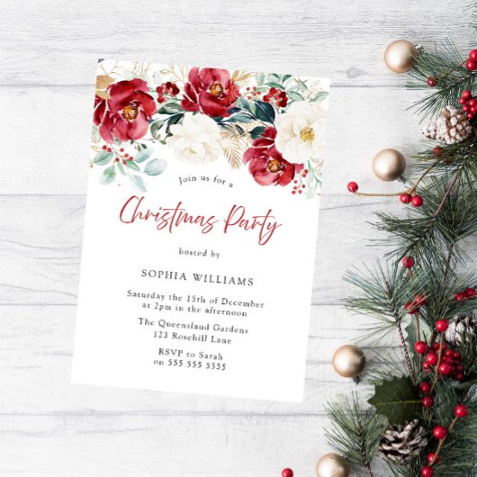 レッドホワイトグリーンフローラファミリークリスマスパーティー 招待状