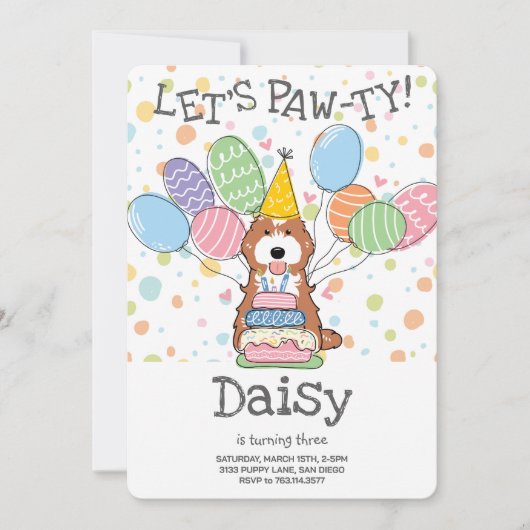 レッドホワイトコカプー/キャバプーの犬の誕生日パーティー 招待状 (正面)