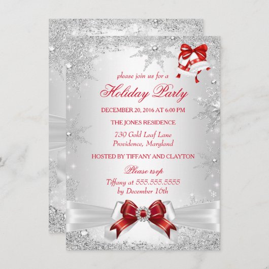 レッドホワイトシルバーウィンターワンダーランドホリデーパーティー 招待状 (正面/裏面)