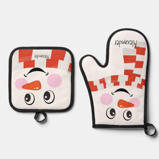 レッドホワイトスカーフクリスマス雪だるまおもしろい顔スマイル 鍋つかみ&鍋敷きセット (正面)