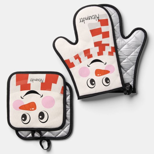 レッドホワイトスカーフクリスマス雪だるまおもしろい顔スマイル 鍋つかみ&鍋敷きセット (正面/裏面)