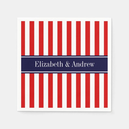 レッドホワイトストライプネイビーブルーネームモノグラム スタンダードカクテルナプキン (正面)