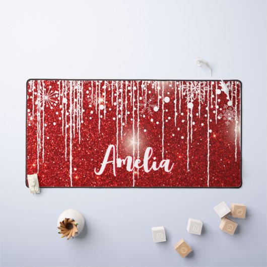 レッドホワイトスノーフレークあなたの名前 デスクマット (キッズテーブル)