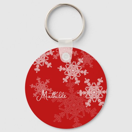 レッドホワイトスノーフレークのミニマリストのクリスマスの名前 キーホルダー (正面)