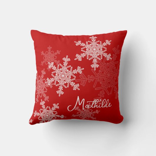 レッドホワイトスノーフレークのミニマリストのクリスマスの名前 クッション (裏面)