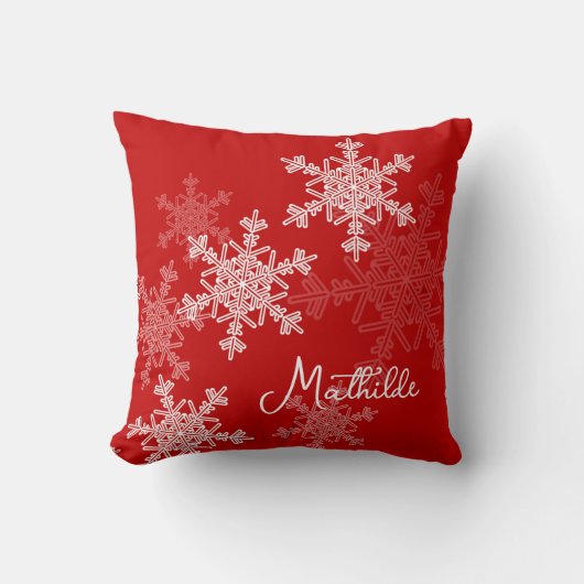 レッドホワイトスノーフレークのミニマリストのクリスマスの名前 クッション (正面)