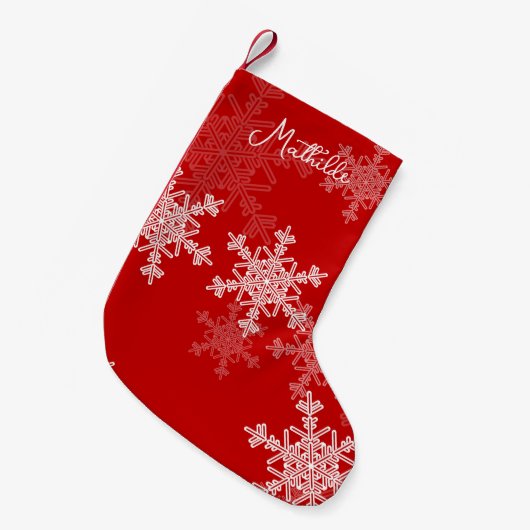 レッドホワイトスノーフレークのミニマリストのクリスマスの名前 スモールクリスマスストッキング (正面 (吊り時))