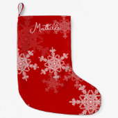 レッドホワイトスノーフレークのミニマリストのクリスマスの名前 スモールクリスマスストッキング (正面)
