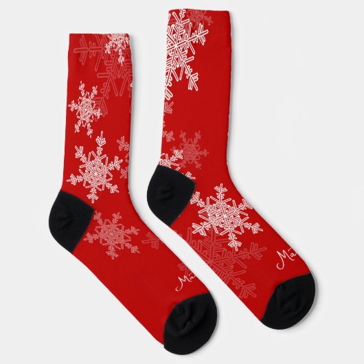 レッドホワイトスノーフレークのミニマリストのクリスマスの名前 ソックス (右)