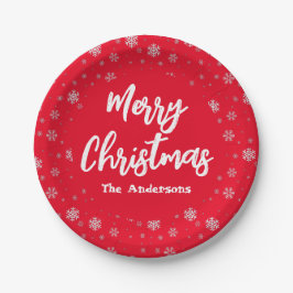 レッドホワイトスノーフレークシンプルーエレガントメリークリスマス ペーパープレート
