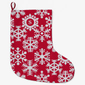 レッドホワイトスノーフレークスモノグラムクリスマスストッキング ラージクリスマスストッキング (正面)