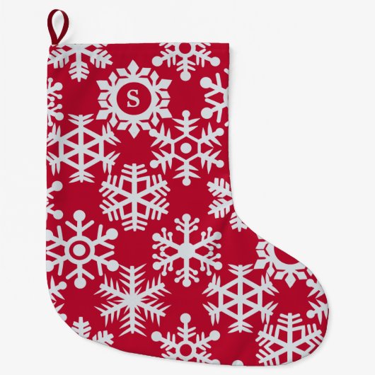 レッドホワイトスノーフレークスモノグラムクリスマスストッキング ラージクリスマスストッキング (正面)