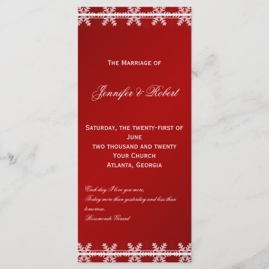 レッドホワイトスノーフレーク冬の結婚式プログラム プログラム (正面)