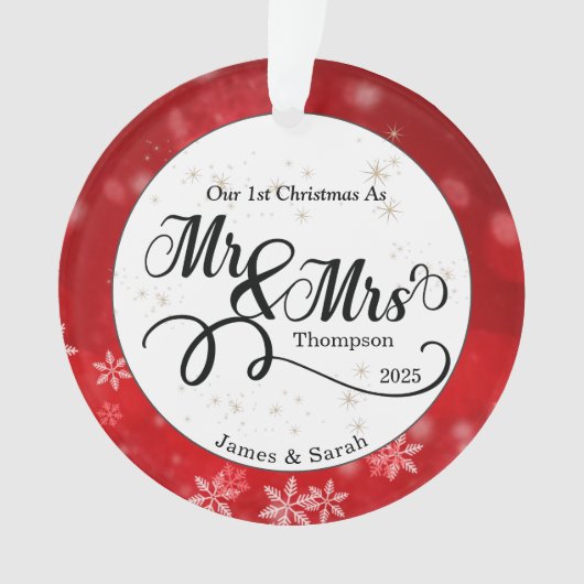 レッドホワイトスノーフレーク初めてのクリスマス新婚 オーナメント (正面)