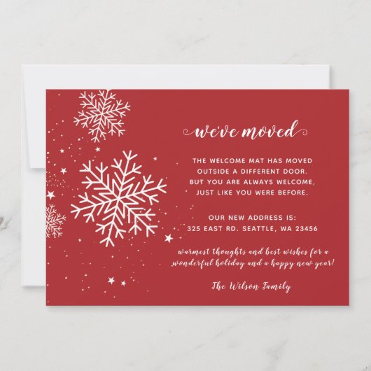 レッドホワイトスノーフレーク引っ越しましたホリデーカード (正面)