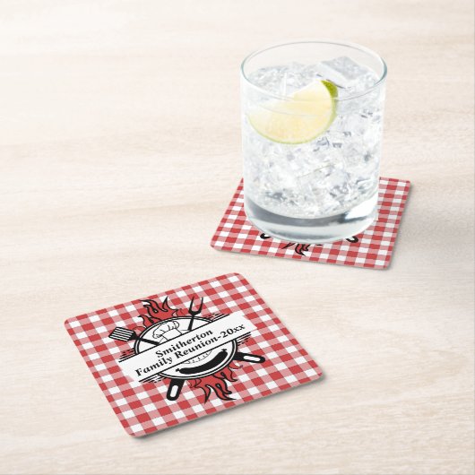 レッドホワイトチェックバーベキュークックアウトファミリー懇親会 スクエアペーパーコースター (インサイチュ)
