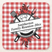 レッドホワイトチェックバーベキュークックアウトファミリー懇親会 スクエアペーパーコースター (正面)