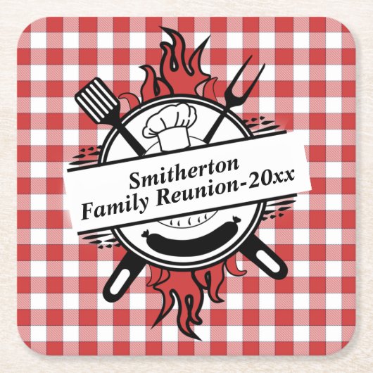 レッドホワイトチェックバーベキュークックアウトファミリー懇親会 スクエアペーパーコースター (正面)