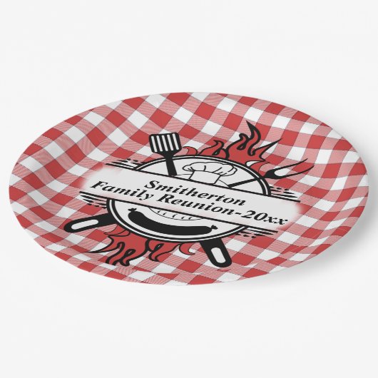 レッドホワイトチェックバーベキュークックアウトファミリー懇親会 ペーパープレート (アングル)
