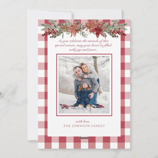 レッドホワイトチェックプレイドクリスマスリースボウフォト シーズンカード (裏面)